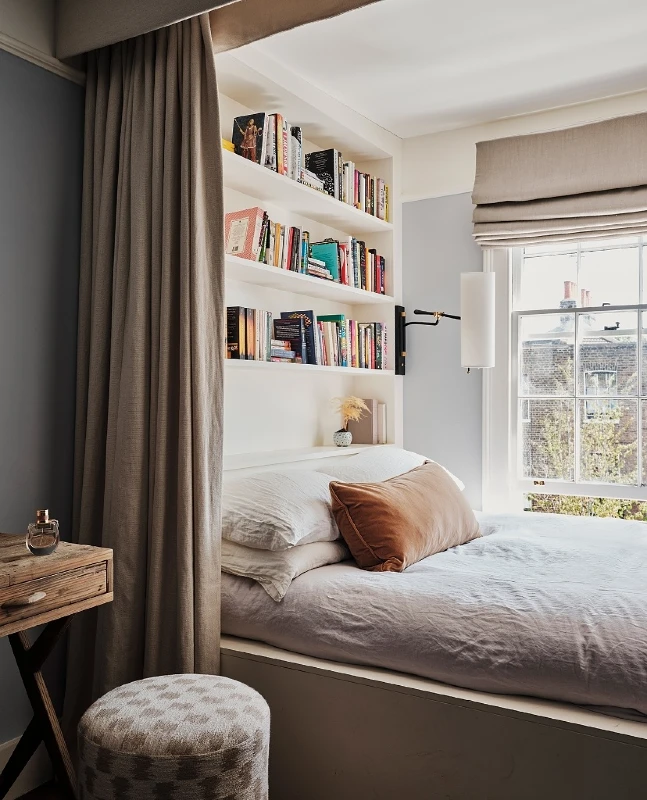 Built In Bookcase Alcove and Privacy Curtains