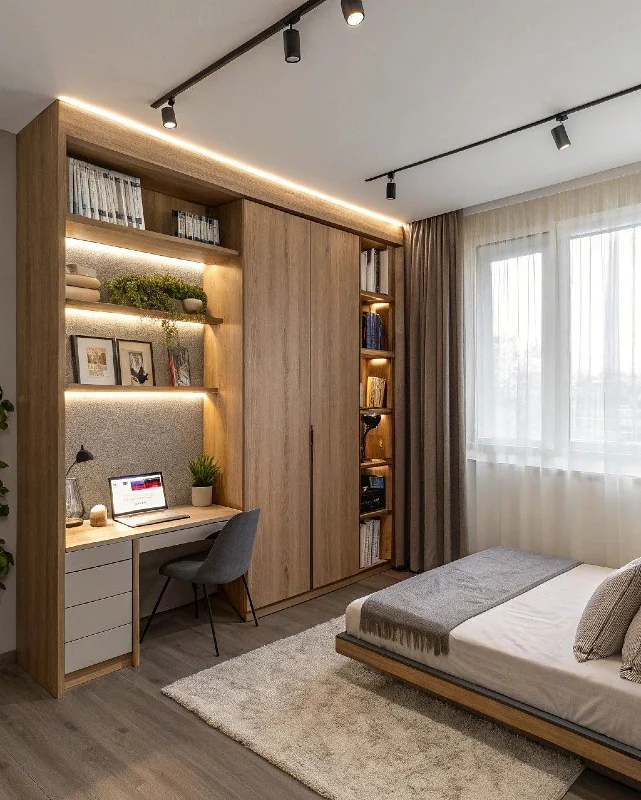 Integrated Wardrobe and Workspace Wall