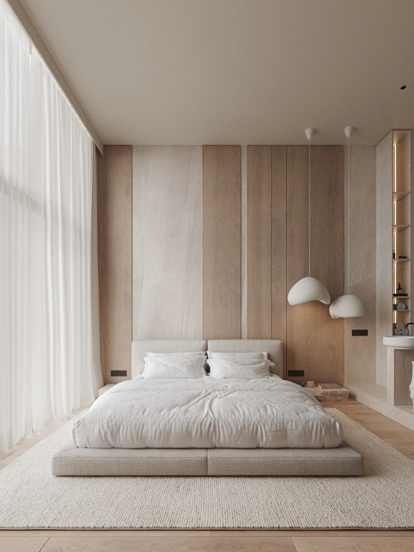 Alternating Wood and Stone Wall Panels