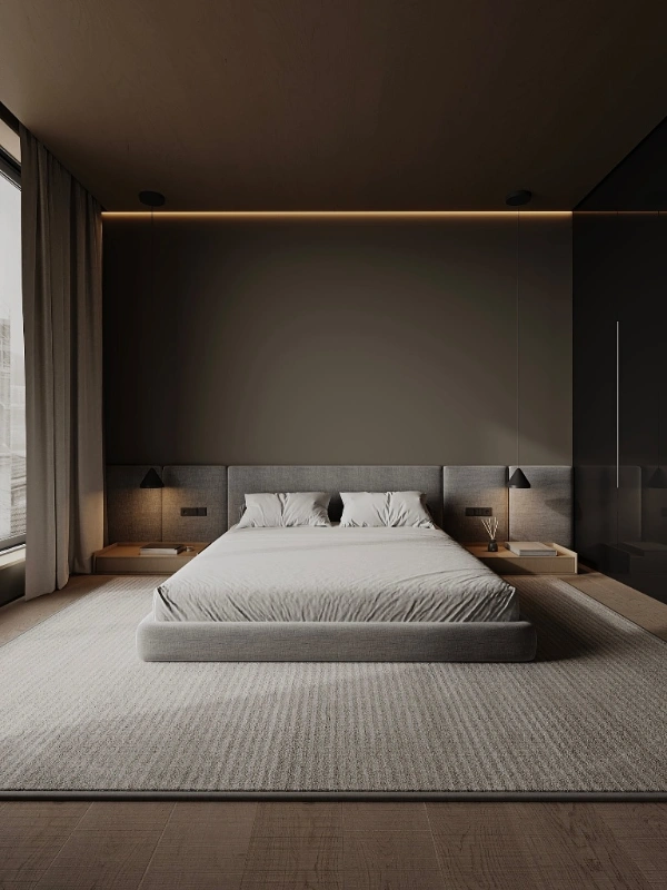 Low Profile Platform Bed with Integrated Headboard Panel