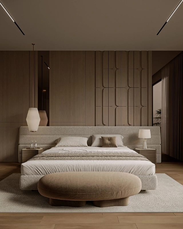 Textured Wood Accent Panels with Curved Bedside Elements