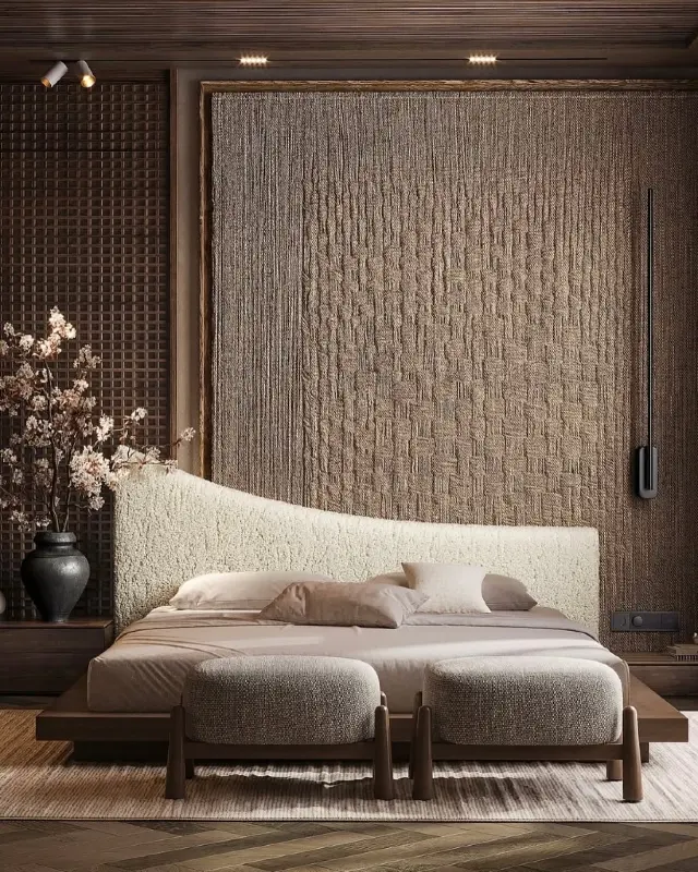 Woven Fabric Feature Wall with Asymmetrical Bouclé Headboard