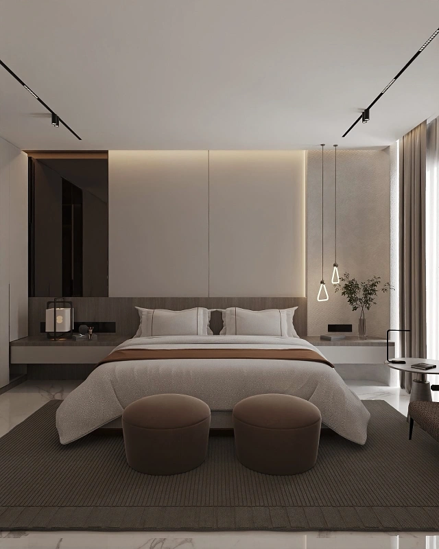 Layered Backlit Headboard with Triangular Pendant Lights