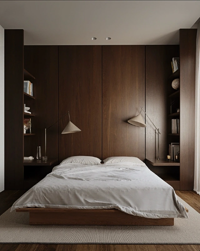 Deep Walnut Wall Panel Enclosure with Built In Bookcases