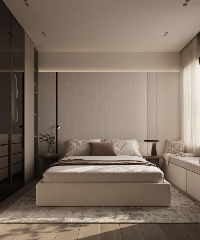 Integrated Window Bench and Monochromatic Fabric Panel Wall