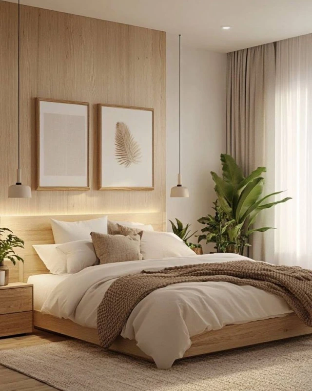 Light Oak Feature Wall with Botanical Art