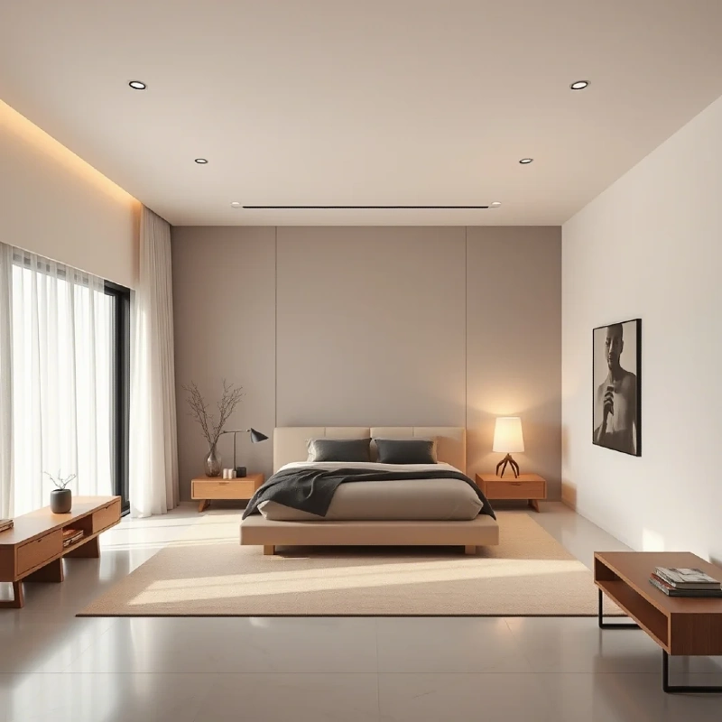 Minimalist Taupe Accent Wall with Low Wooden Credenzas