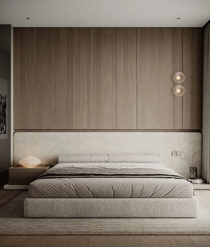 Vertical Oak Wood Slat Wall with Integrated Bolster Headboard
