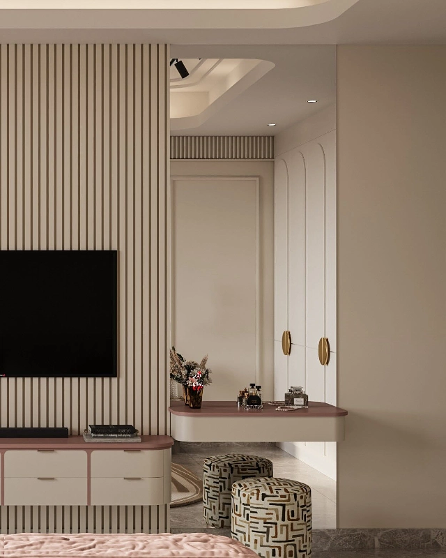 Wall-Mounted Dressing Table with Patterned Stool Storage