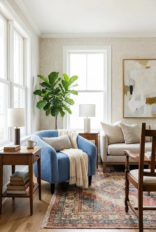 Low Profile Cream Boucle Sofa with Round Ottoman