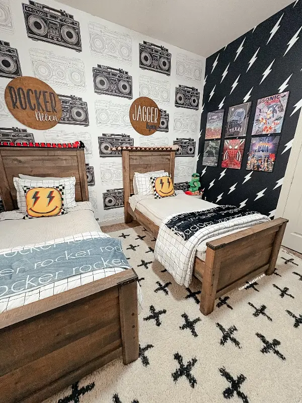 Parallel Twin Beds with Graphic Wallpaper