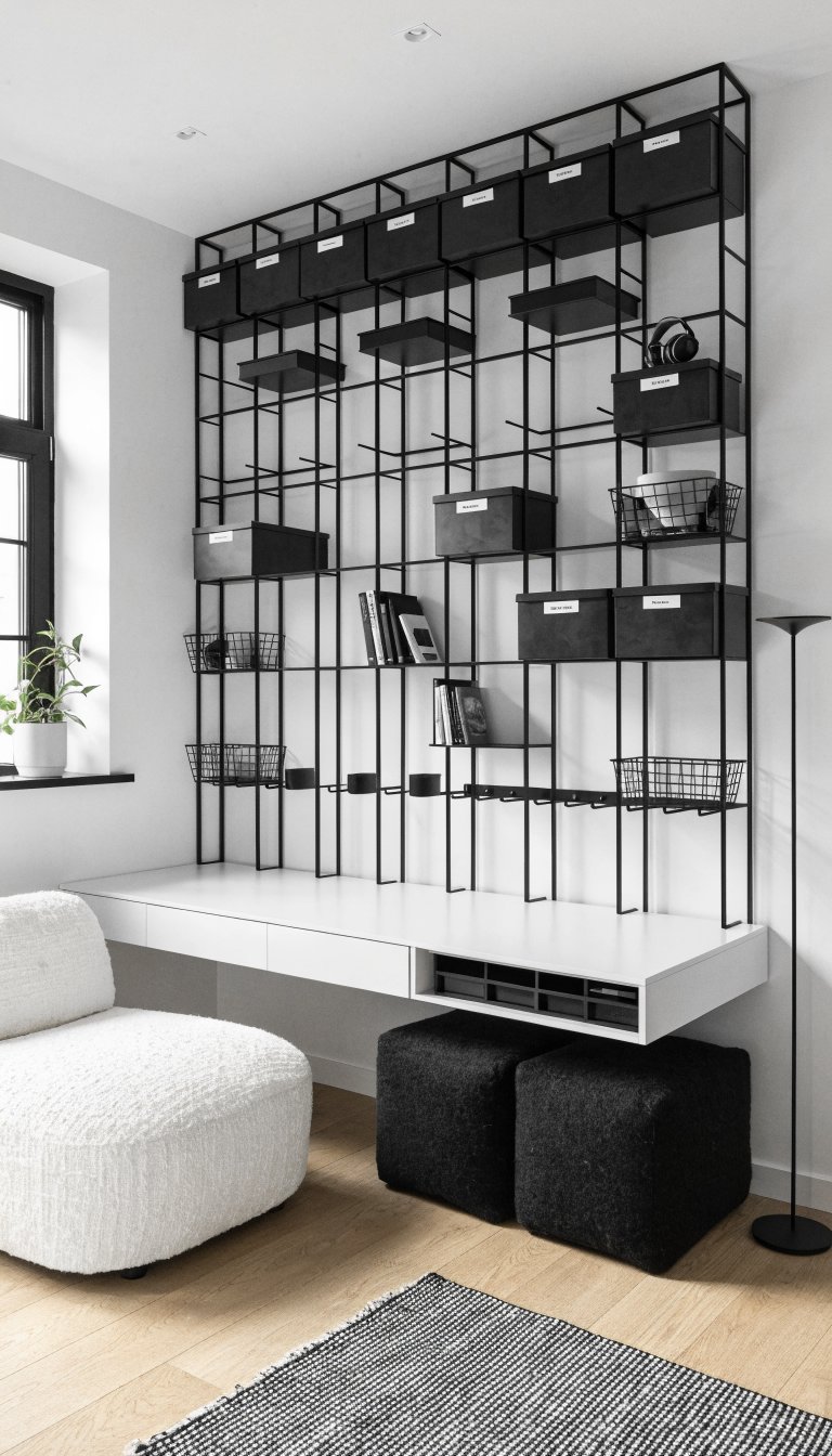Minimalist Monochrome With a Storage Wall Grid