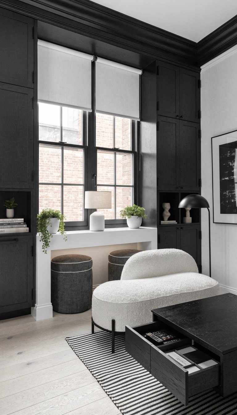 High-Contrast Black and White With Ceiling-High Cabinets