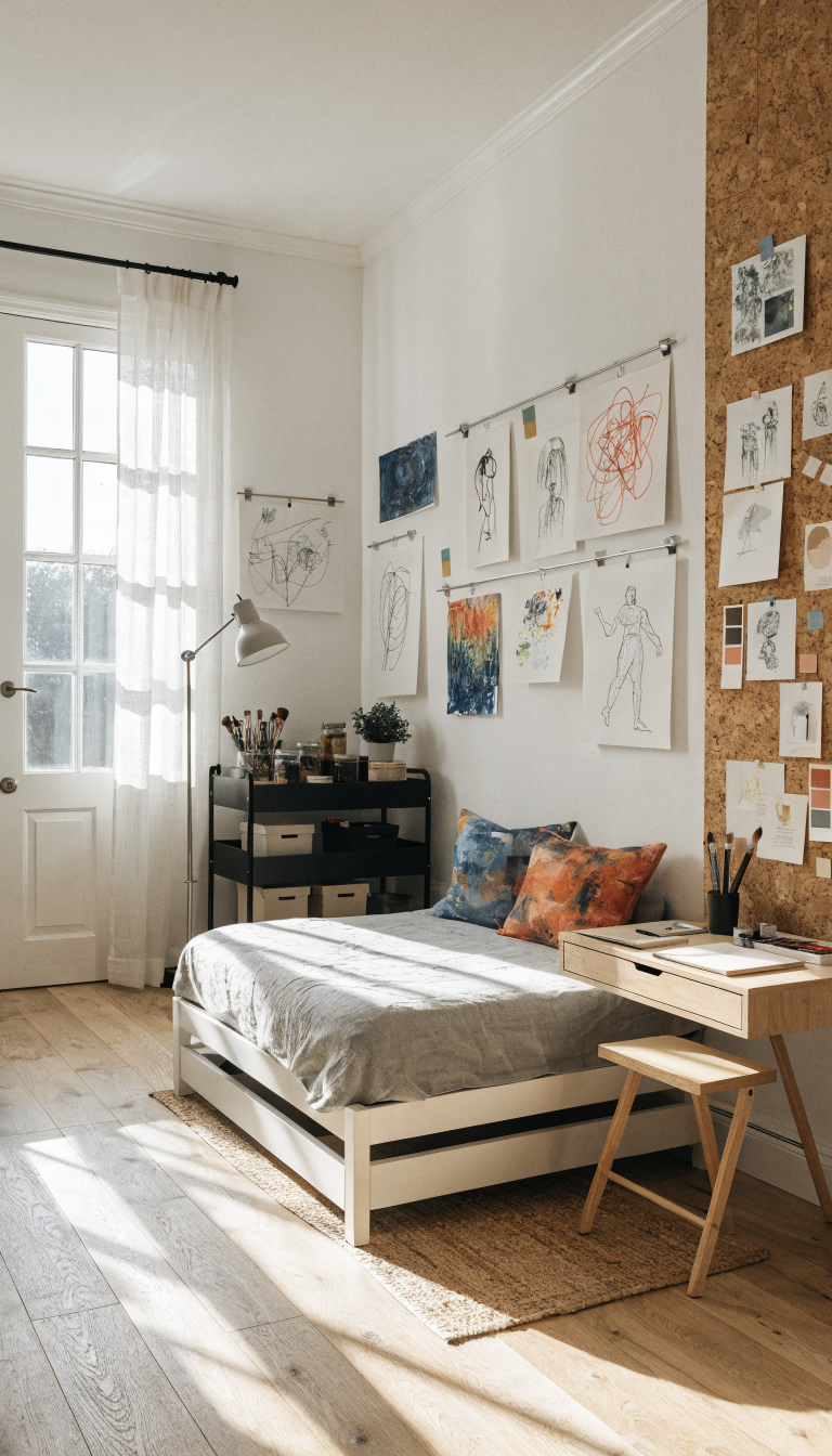 5. Gallery-Wall Artsy Studio With Rolling Furniture
