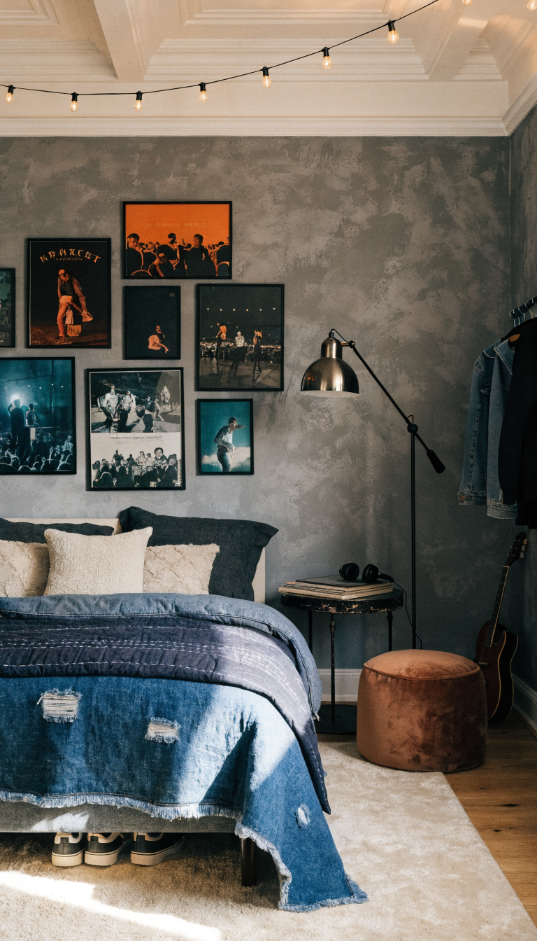 12. Soft Grunge Hangout With Band Posters and Denim Blues