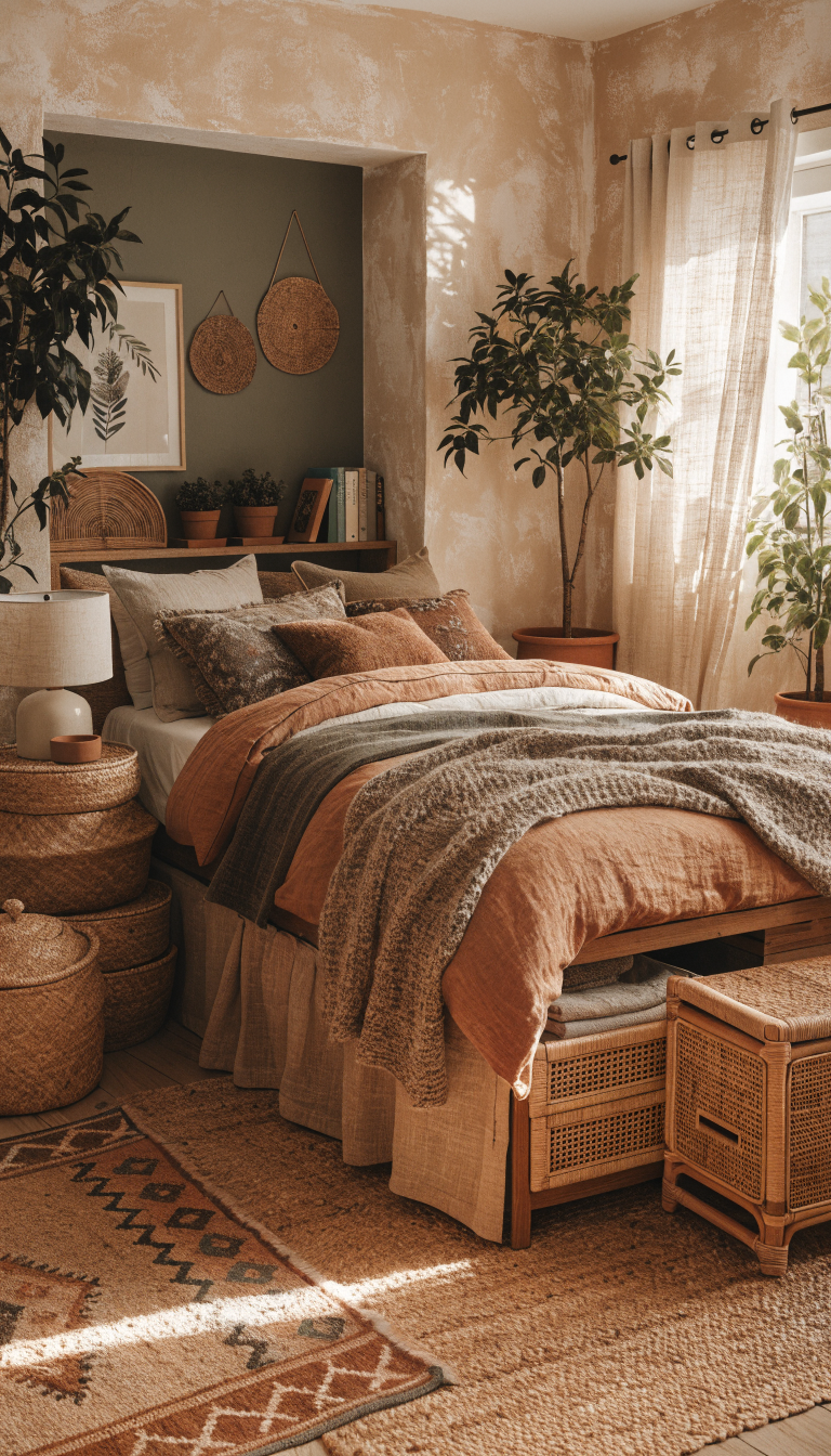 7. Boho Layered Sanctuary With Storage Layers Everywhere