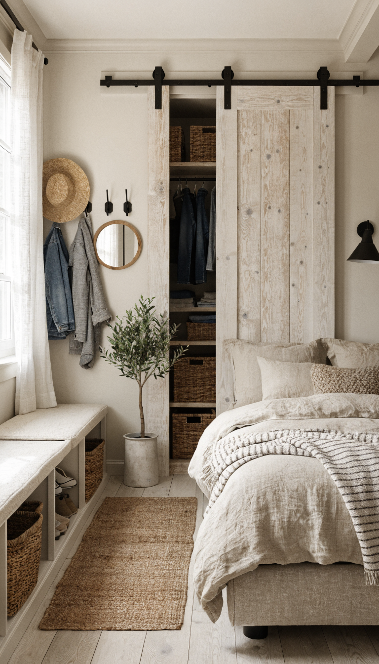 8. Modern Farmhouse Barn-Door Closet With Bench Cubbies
