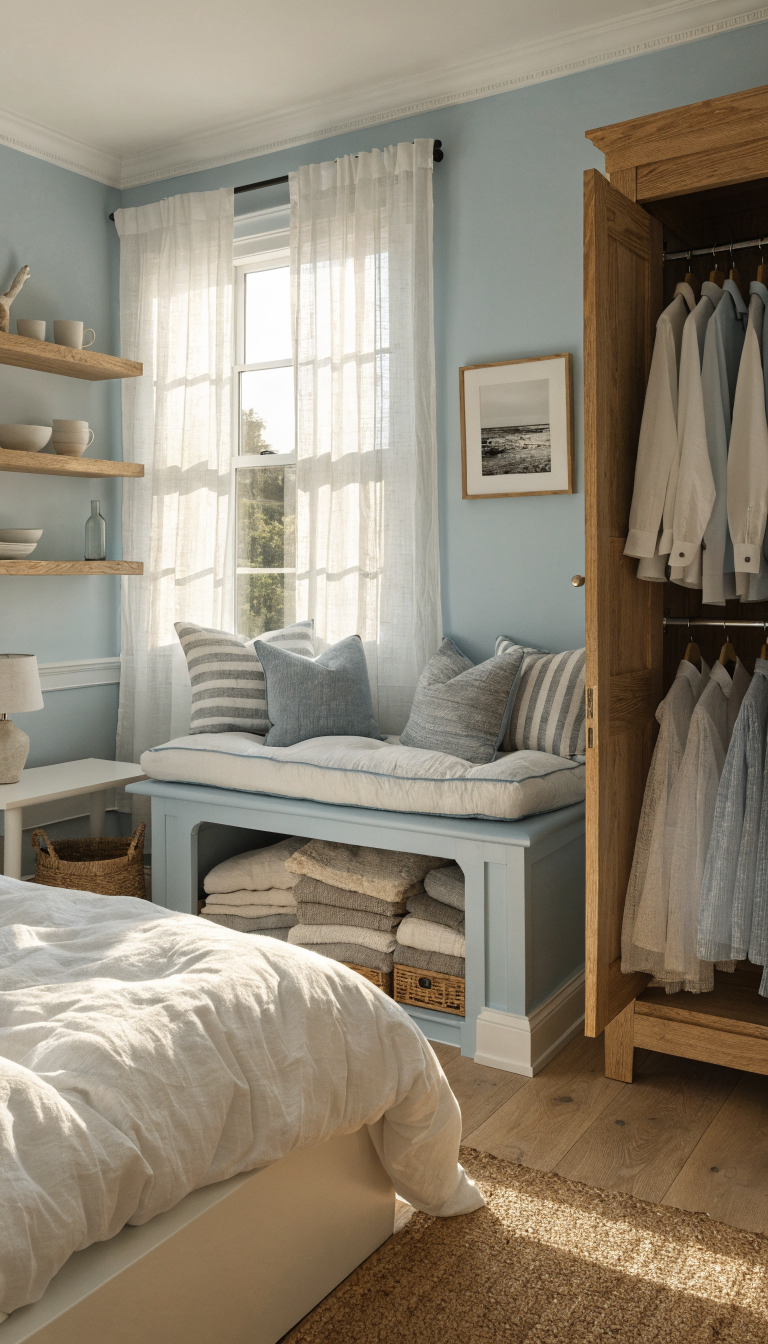 10. Coastal Calm With Window Seat Chest and Narrow Armoire