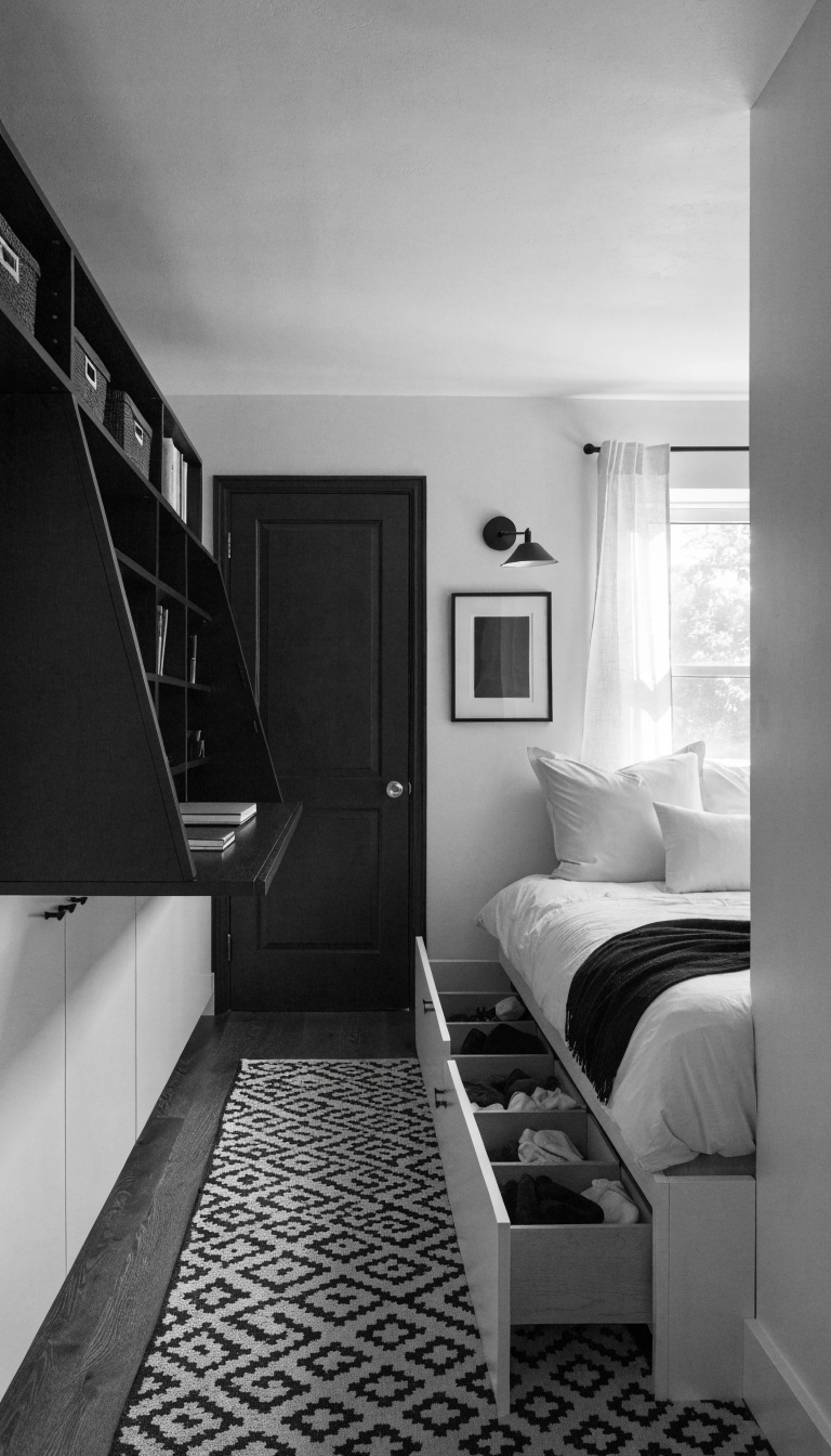 15. High-Contrast Black and White With Murphy Drop Desk