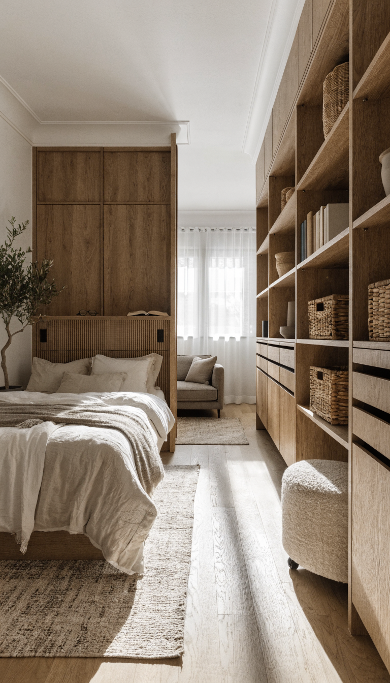 19. Smart Studio Partition With Storage Headboard Wall