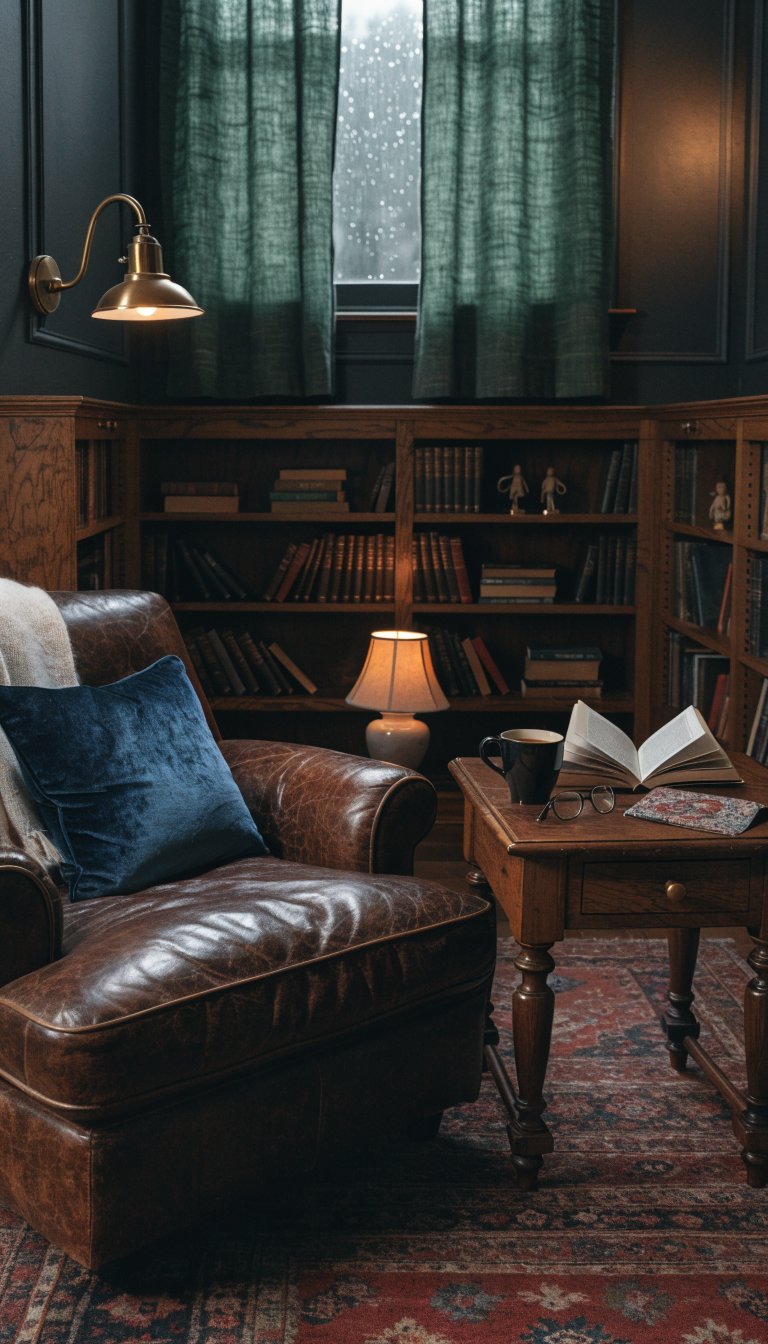 5. Moody Library Nook With Dark Paint
