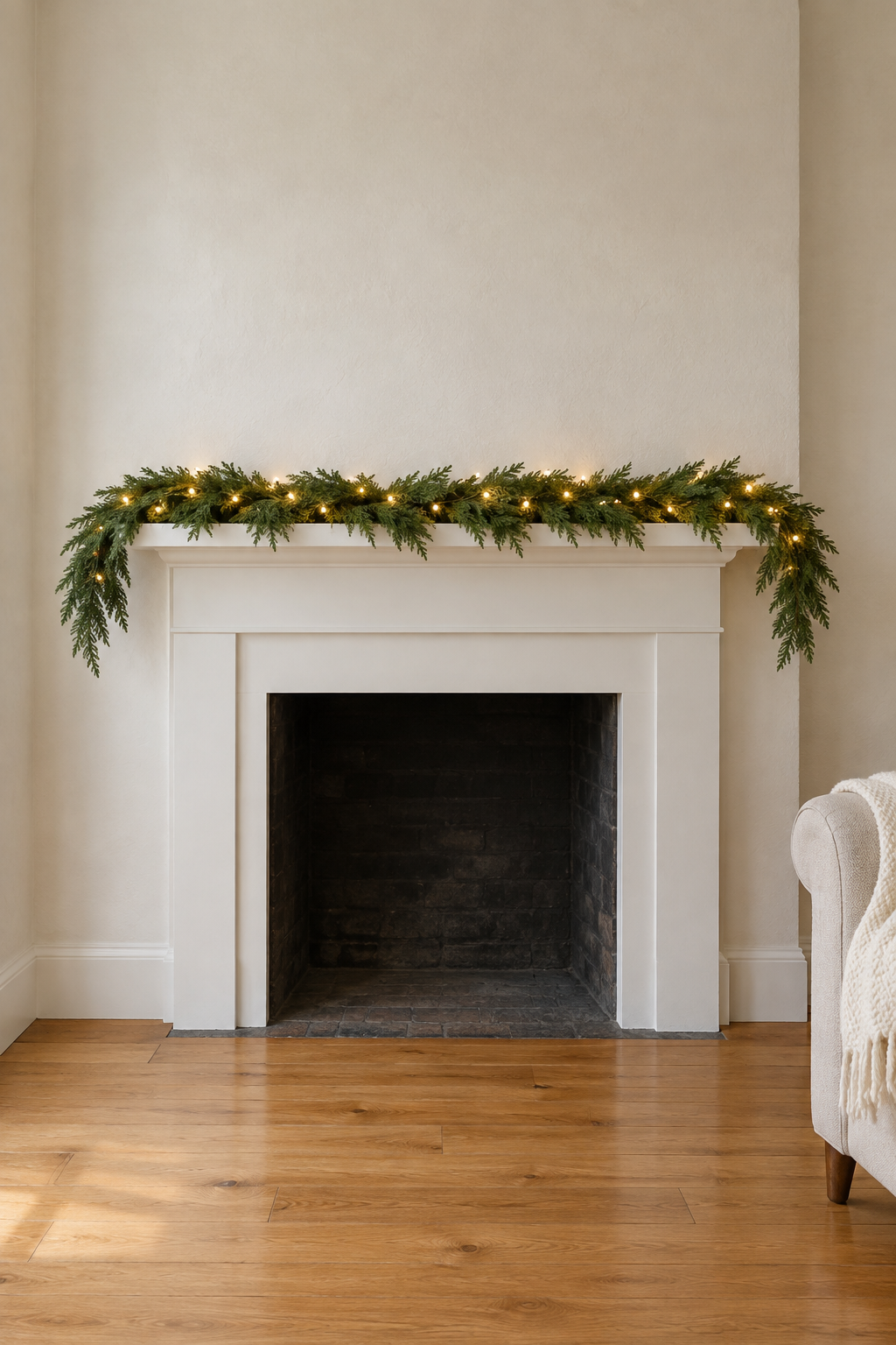Christmas mantle decor at its simplest: one lit faux cedar garland laid flat along a plain white mantel with a short tail off each end, nothing else on the shelf