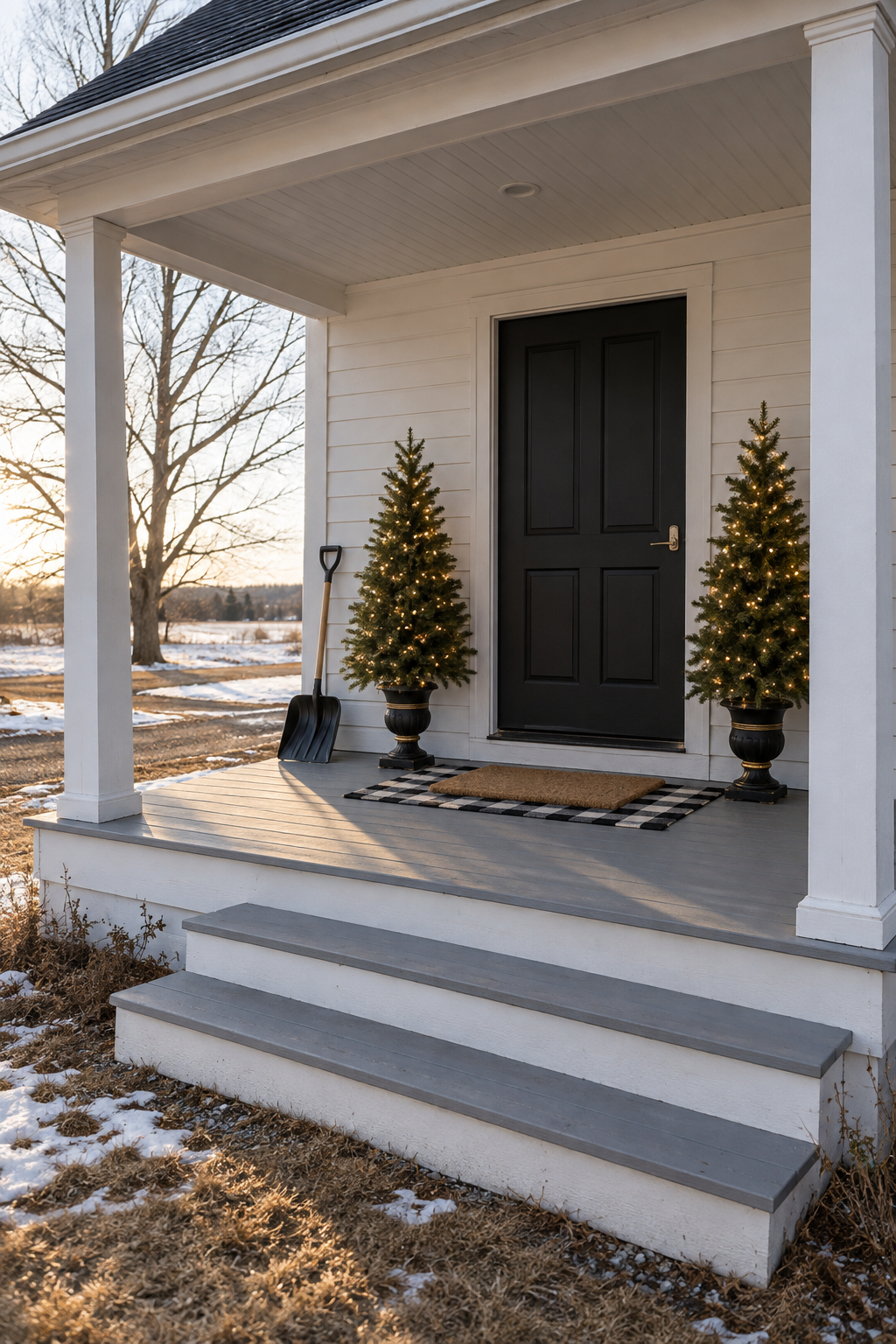 Christmas porch decor on a covered white farmhouse porch: two lit 4 foot trees on black and gold urn bases beside the door, a coir mat layered over a black and white buffalo check rug