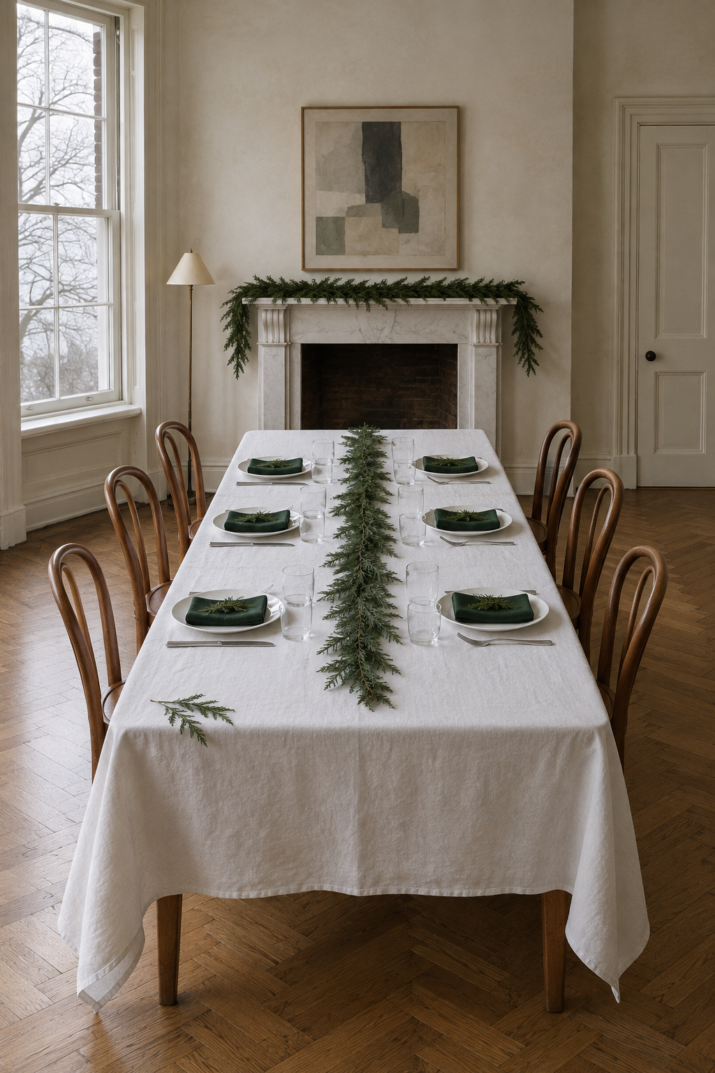 Christmas table decor with a white linen tablecloth, six plain white porcelain plates, forest green cotton napkins and a line of cedar sprigs on a dining table for six