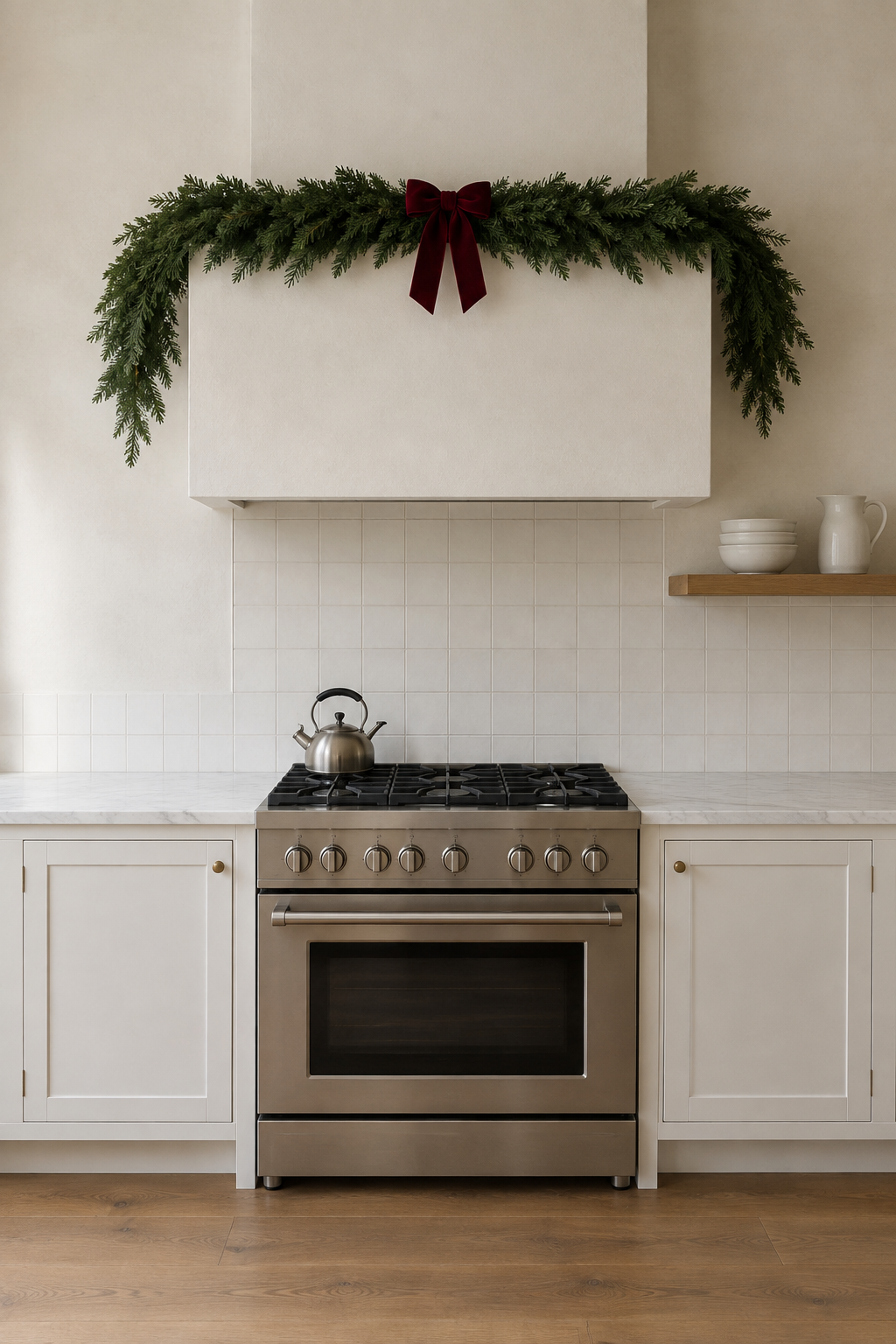 Christmas kitchen decor with a full cedar garland and an oxblood velvet bow along the top of a white plaster range hood, white shaker cabinets and clear counters