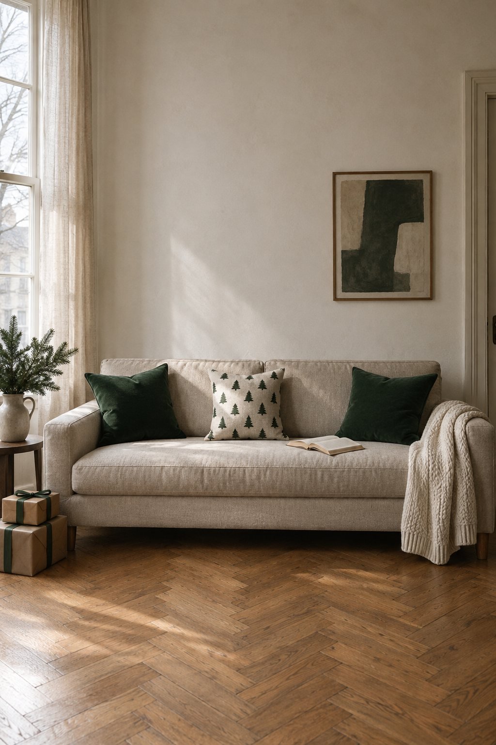 Christmas living room sofa idea: oatmeal sofa with two dark green velvet pillows, a velvet Christmas tree pillow and an ivory fisherman knit throw over the arm