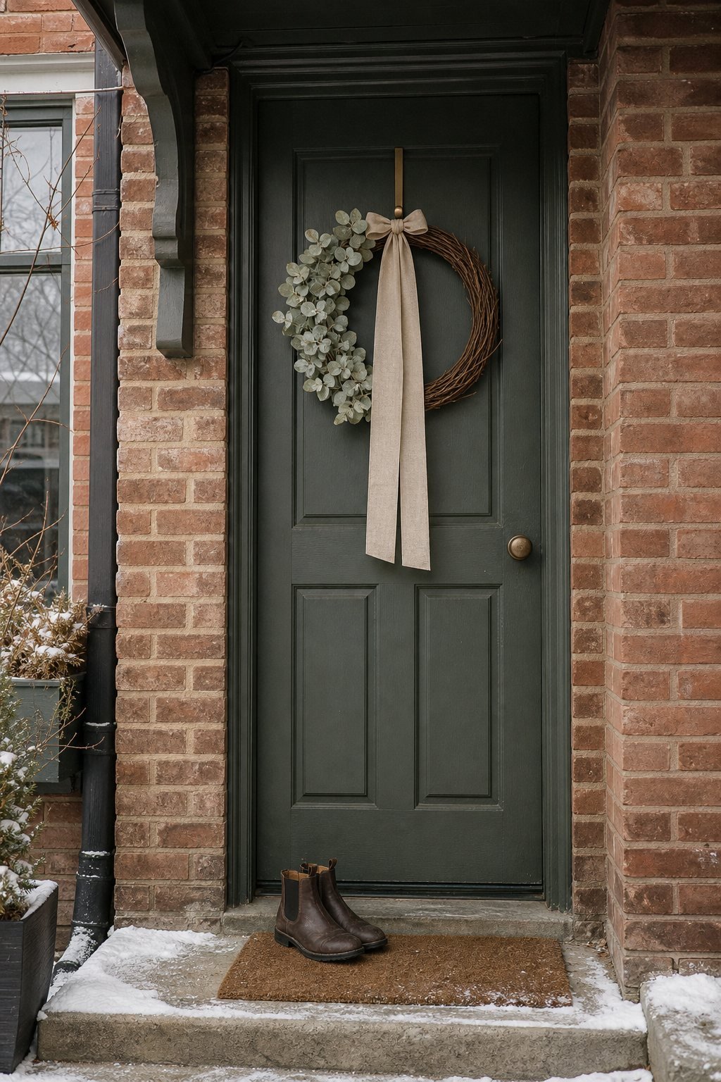 DIY Christmas wreath on a front door: a grapevine base with faux eucalyptus wired to one side and a natural linen sash hanging in two long tails