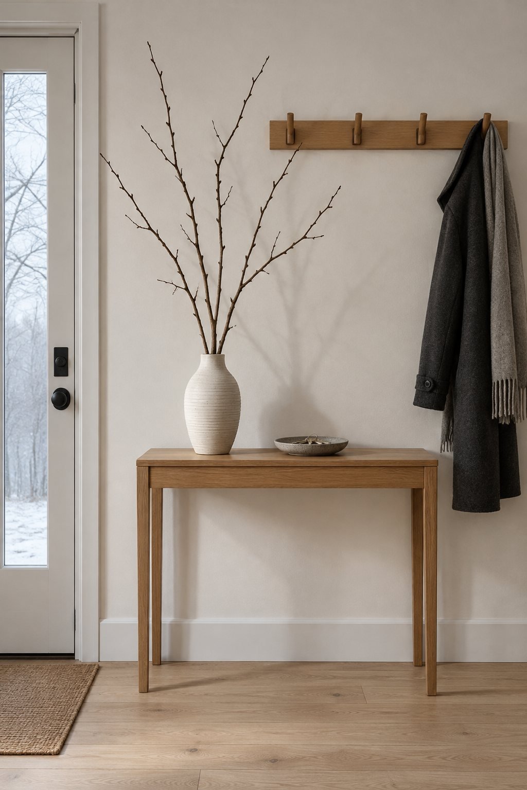 Winter decor after Christmas: bare branches in a tall off-white ridged ceramic vase on a slim oak entry console, wool coat on the hook rail
