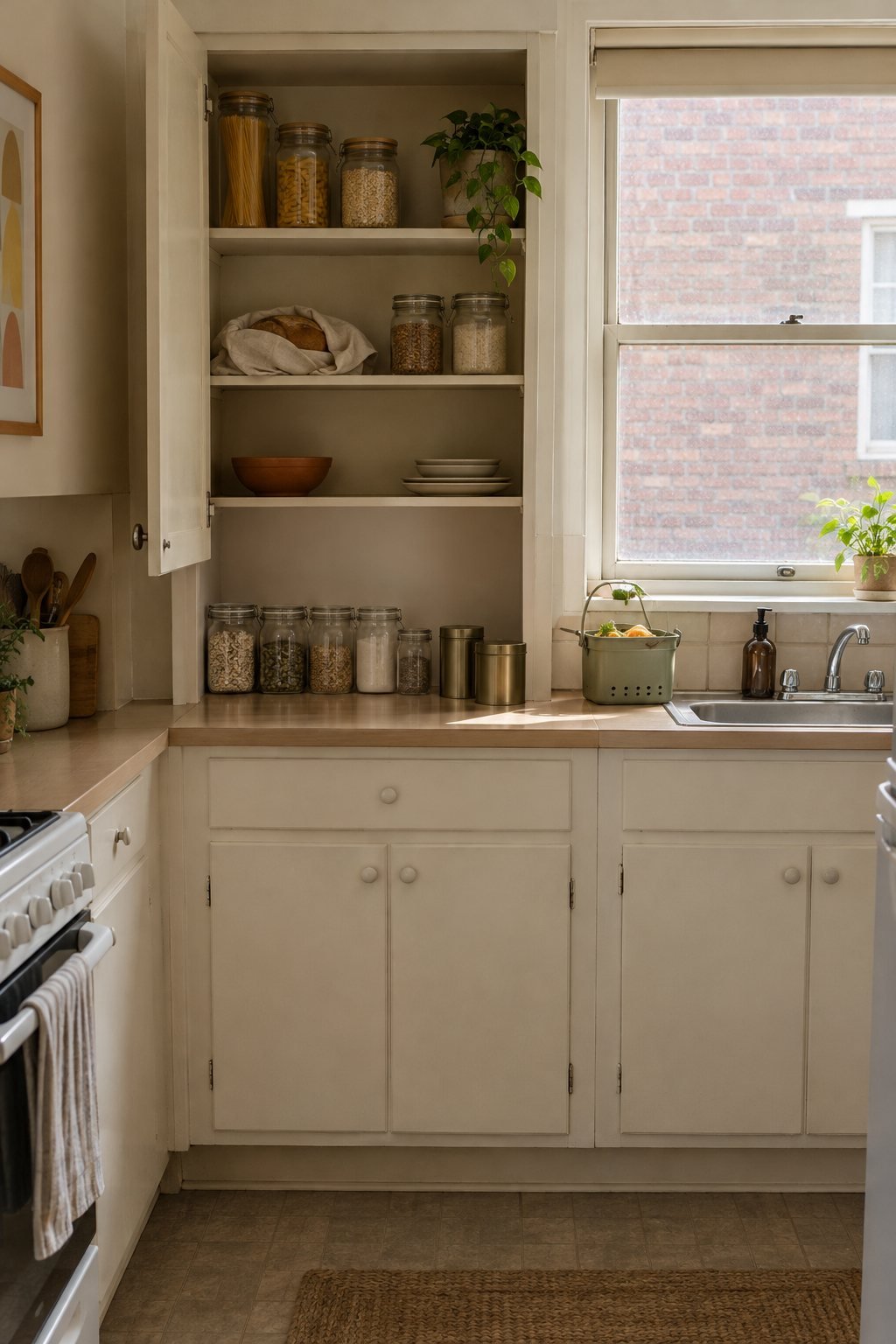 A small galley kitchen with an open pantry cupboard, half the shelf cleared and a few jars and tins pulled forward on the counter in soft morning light