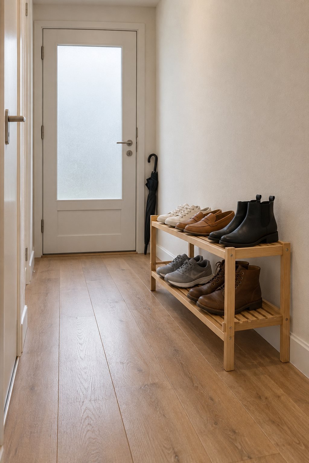 Organization ideas for the home: a two-tier bamboo shoe rack with everyday shoes beside the front door in a narrow warm white rental hallway