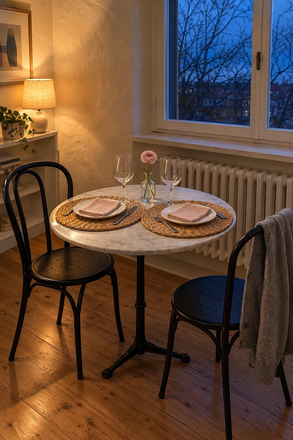 Valentines table decor on a small marble bistro table for two with round woven placemats, cream plates, blush napkins and one pink stem by a window at dusk