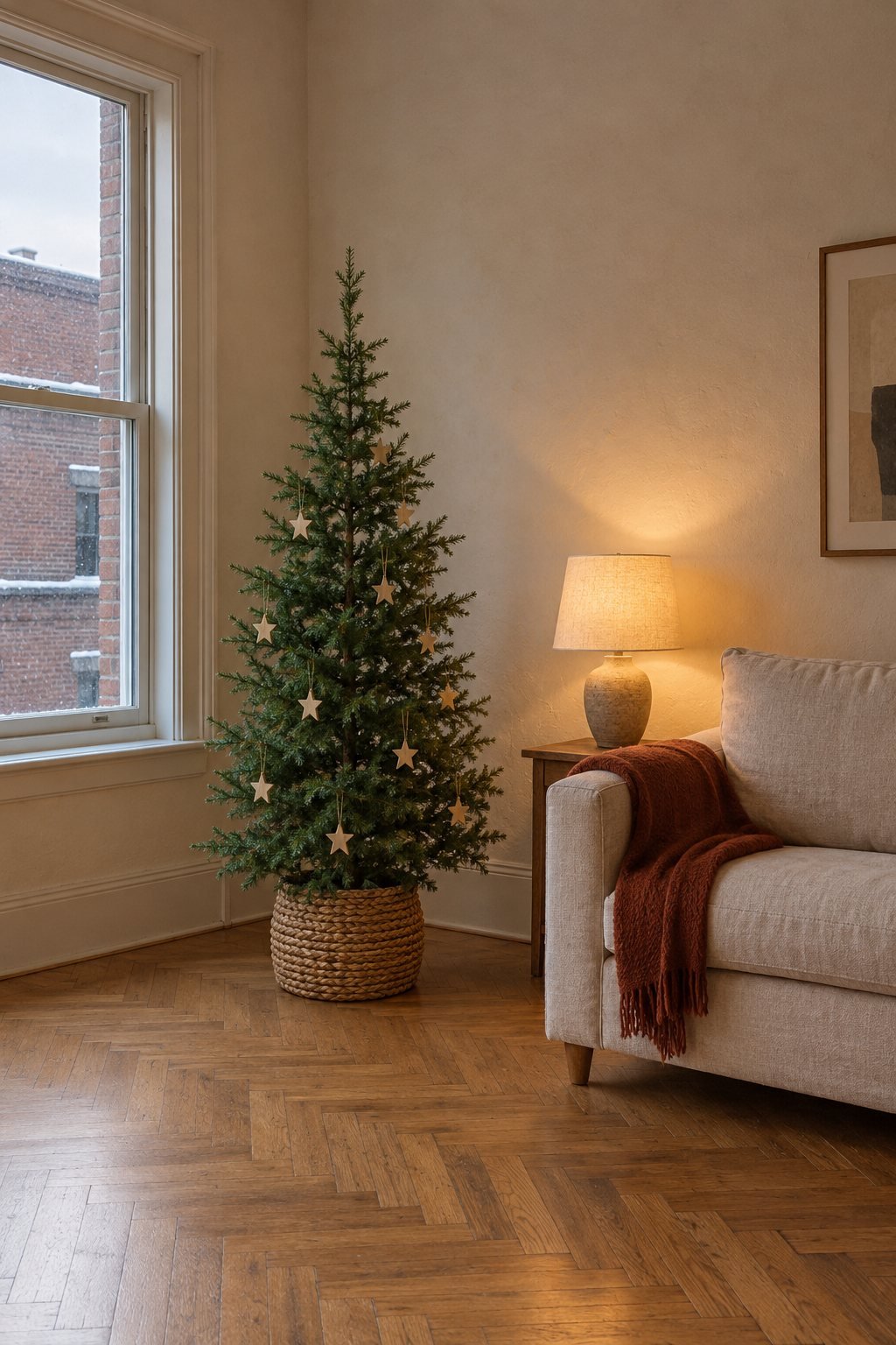 Minimalist Christmas decor in a living room with a slim green cedar tree in a woven basket, plain wooden star ornaments and an oat linen sofa