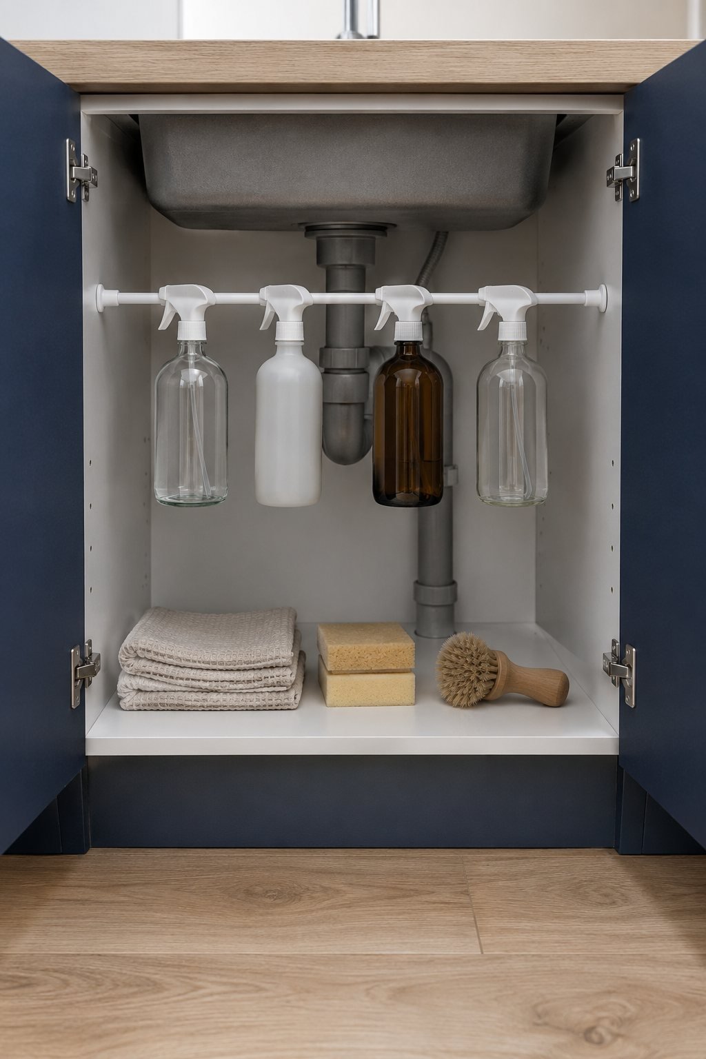 Home organization hacks for small spaces: a white tension rod across a navy under-sink kitchen cabinet with spray bottles hanging by their triggers
