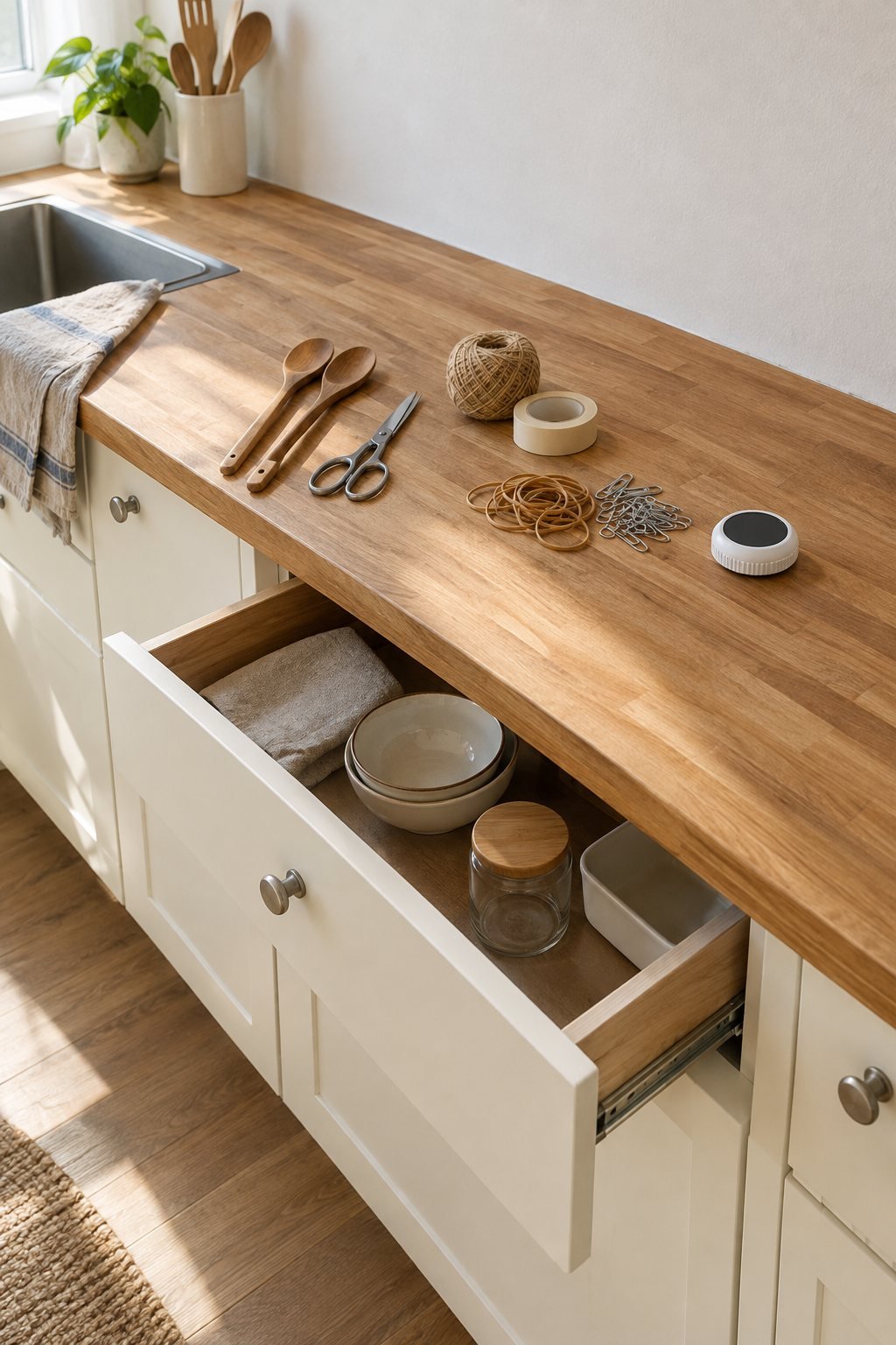 How to declutter your home: one kitchen drawer open mid-sort with its contents grouped on a butcher-block counter beside a small white digital timer