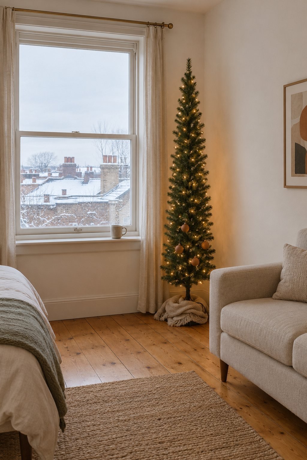 Small Christmas tree idea for a studio apartment: a slim pre-lit green pencil tree in the corner by the window with warm white lights and a few clay baubles