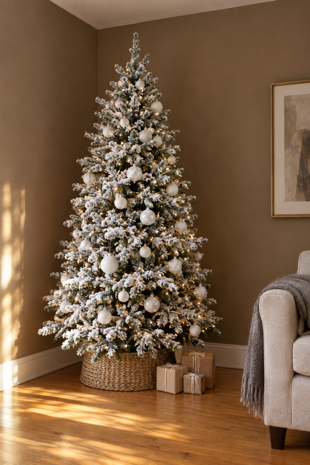 White Christmas tree idea in a living room: heavily flocked pre-lit fir with white baubles in three sizes, a woven seagrass tree collar and kraft-wrapped gifts