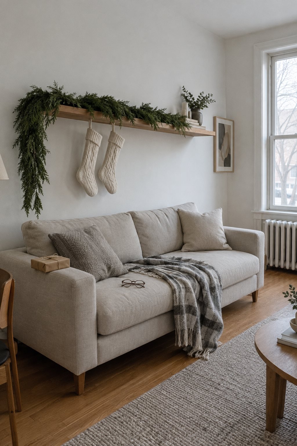 Cozy Christmas living room with an unlit cedar garland on a shelf above the sofa, two ivory cable knit stockings and a grey and beige plaid throw