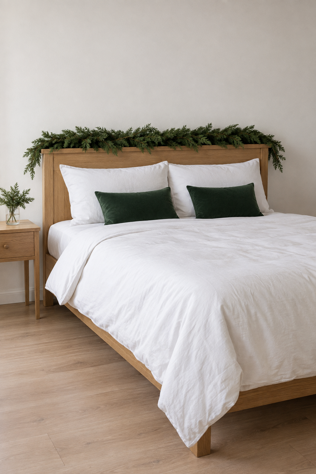 Christmas bedroom with a white percale duvet, a cedar garland laid along the top of an oak headboard and two dark green velvet lumbar pillows