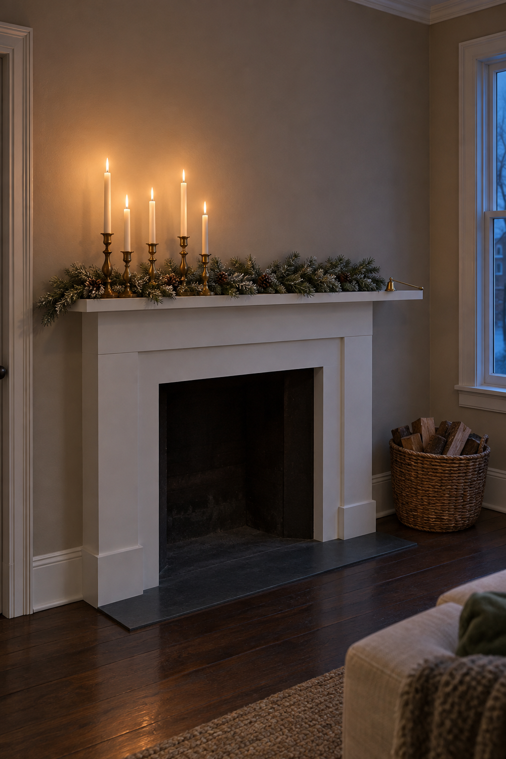 Christmas mantle with a slim frosted pine garland with pinecones and five brass candlesticks in three heights holding lit ivory taper candles, grouped off center on a white mantel