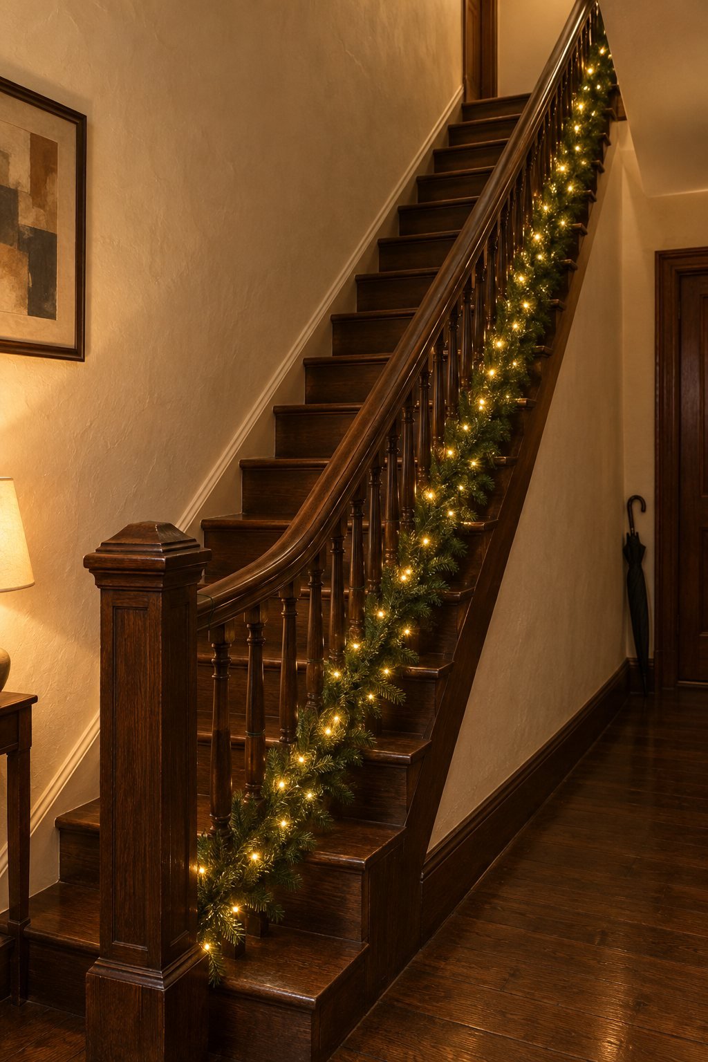 Christmas garland staircase idea: a lit plain green fir garland laid along the base rail of a dark oak staircase, handrail bare and treads clear, in an evening hallway