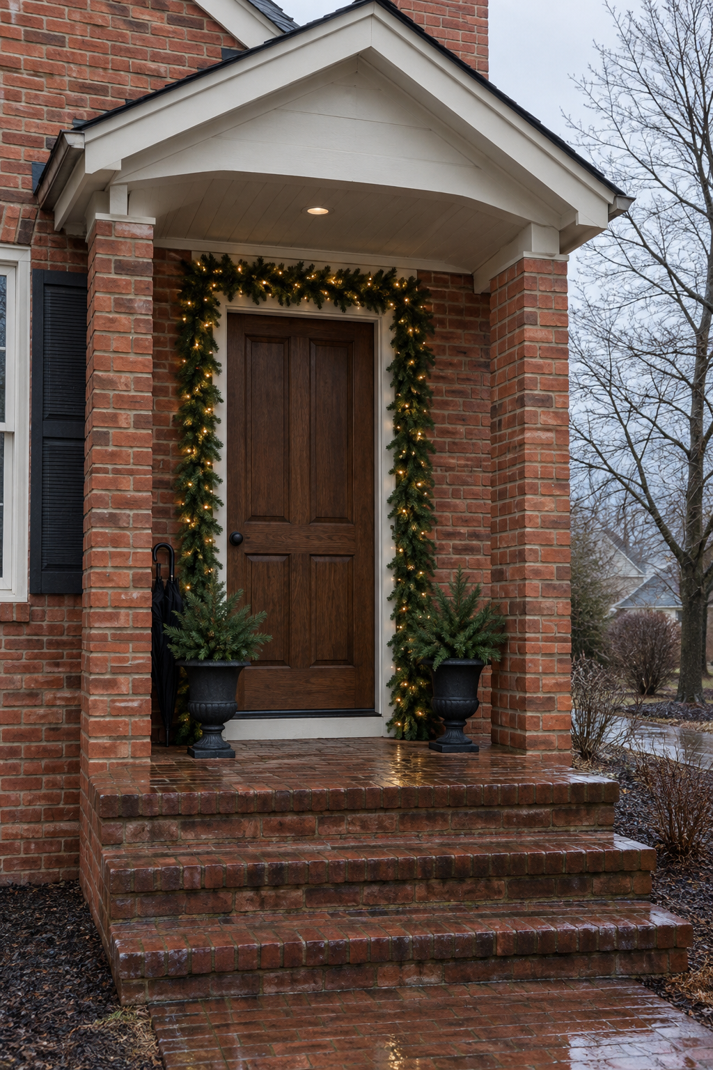Front porch Christmas decor on a covered brick entry: a lit green fir garland around the door frame and two black urns filled with faux pine stems, wet brick after rain