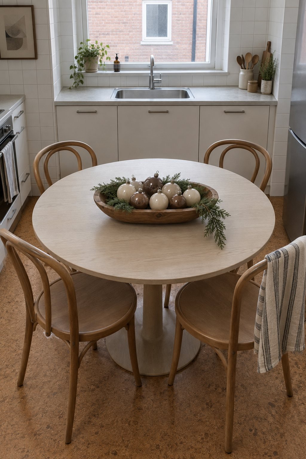 Christmas table centerpiece on a round kitchen table: a long brown wooden dough bowl filled with cream, taupe and brown glass ornaments and cedar sprigs
