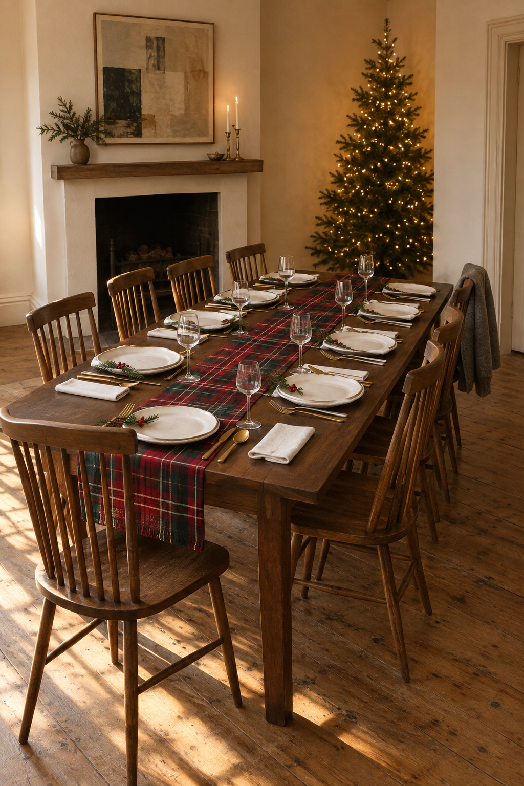Christmas dining table decor with a red and green tartan table runner, white stoneware plates, matte gold flatware and pine sprigs with red berries on a table set for eight
