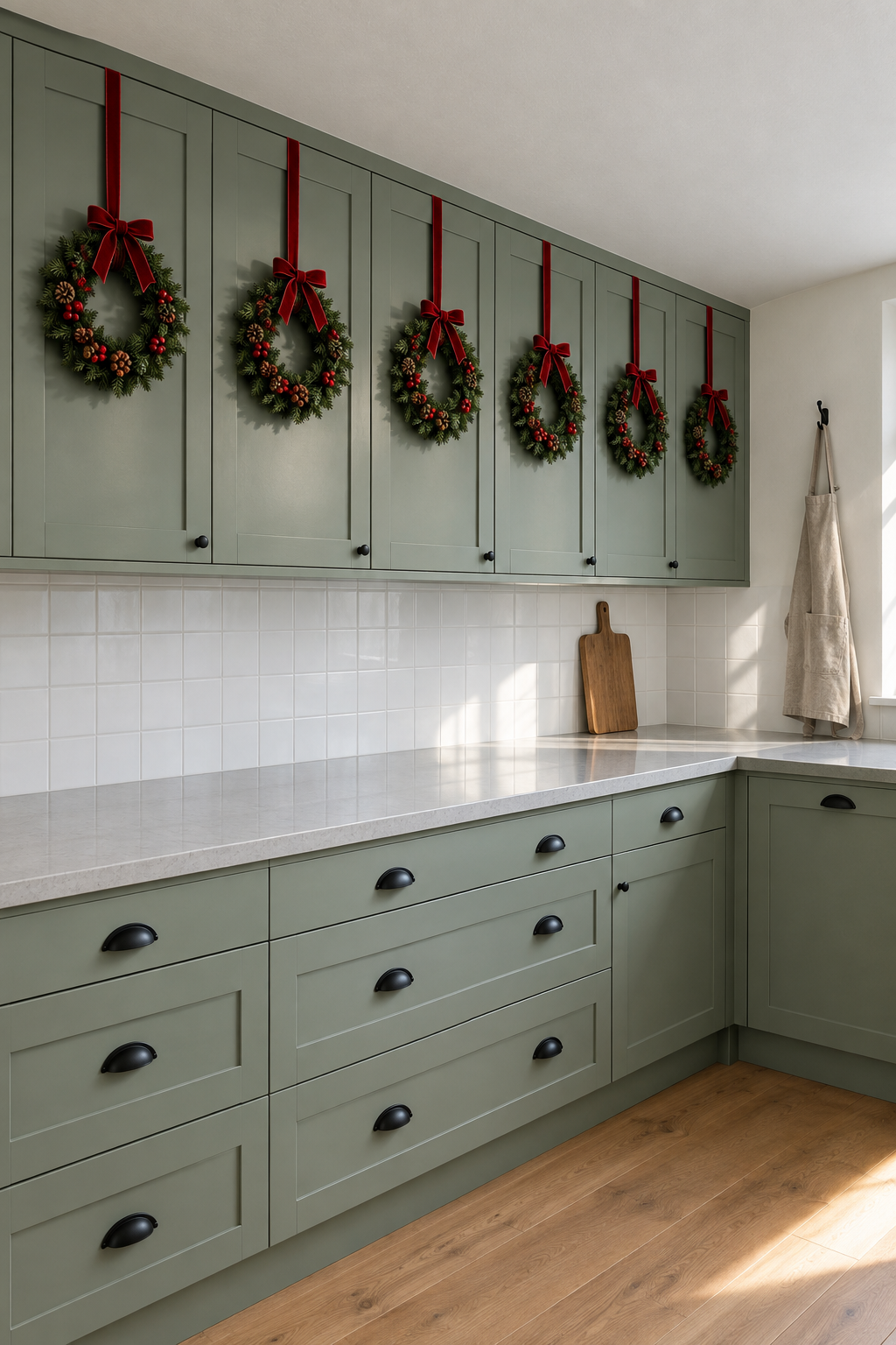 Christmas kitchen with a small pine wreath with red berries and a red velvet bow hung on every sage green upper cabinet door above a clear counter