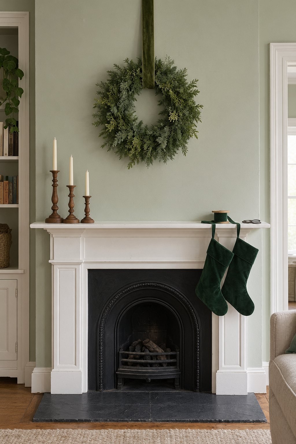 Christmas mantel in a living room: a faux pine wreath on a velvet ribbon above the fireplace, three wood candlesticks with ivory tapers and two spruce green velvet stockings