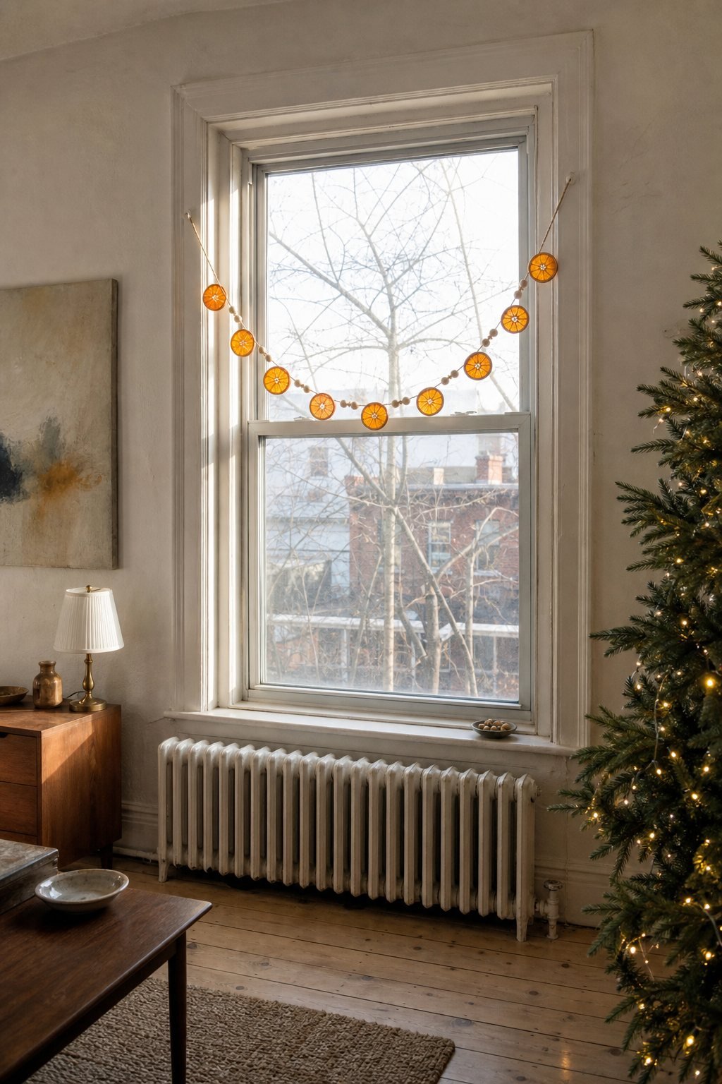 DIY Christmas decor at a living room window: a garland of dried orange slices and raw wood beads on jute twine with a lit Christmas tree at the edge